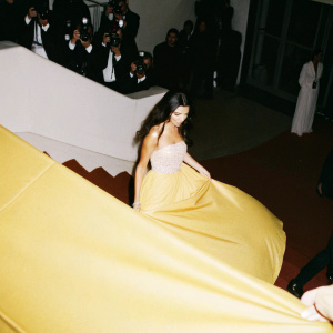 Madalina Ghenea, Romanian actress, at Cannes Film Festival. Wearing an exquisite golden gown. The red carpet scene is bustling with paparazzi.