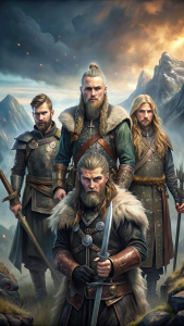 Los hijos de Ragnar, Björn, Ubbe, Hvitsärk, Sigurd, Ivar, cada uno con sus propias armas y armaduras, listos para seguir los pasos de su padre.