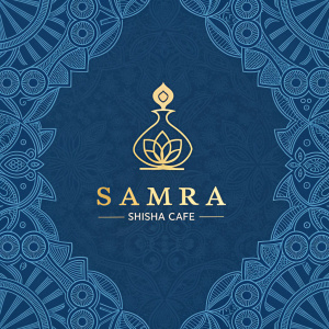 Digital graphic for Samra Shisha Cafe. Modern and oriental design. Gold logo on rich blue background with intricate patterns.