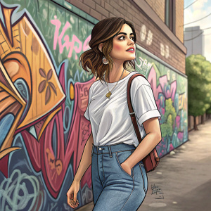 Lucy Hale, in casual attire, jeans and white t-shirt, standing in front of colorful graffiti wall.