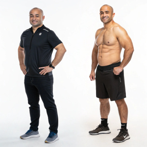 Marlon Moraes, fitness expert, presenting a before-and-after transformation. A person's midsection dramatically reduced, showcasing the effectiveness of body contouring. The image is set against a sleek, modern studio background.