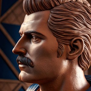 Freddie Mercury's bust rendered in a detailed 3D model. Strong jawline, prominent mustache, photorealistic style, blurred geometric background