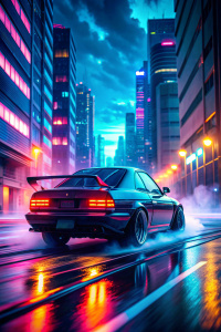 neon night city street racing car drift back view