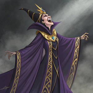 Yzma, the evil sorceress, mid-laugh with a dramatic pose. Purple and gold robe, detailed headdress. Dark, ominous gray background.