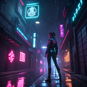 Evelynn, member of the electronic music group KDA, stands in a neon-lit alley. Cyberpunk atmosphere with glowing symbols and tech aesthetics.