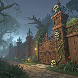 Concept art for a new level in Plants vs. Zombies: Garden Warfare 2. A haunted garden featuring a towering brown wooden fence with elaborate carvings of skulls and vines. Digital illustration