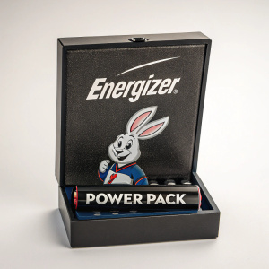 High-quality image of the Energizer Power Pack. The familiar Energizer Bunny mascot in its signature pose. Dark packaging with white text. Multiple batteries included, designed for long-lasting power.