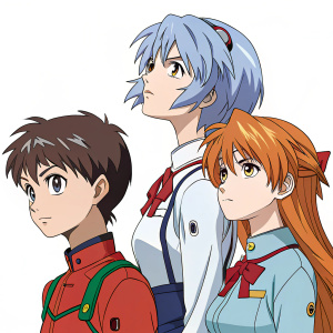 Illustration: Rei Ayanami, Asuka Langley Shikinami, and Shinji Ikari from Evangelion. Rei cool and aloof, Asuka determined and assertive, Shinji focused and worried. Solid white background.