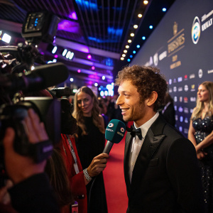 Valentino Rossi mid-interview at Formula One evening gala. Surrounded by flashing cameras and brand logos