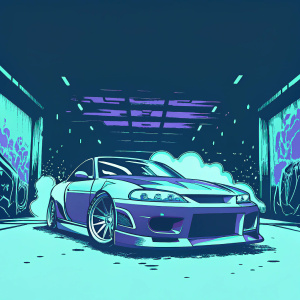 Custom Nissan Silvia S15 in a neon-lit garage. Gray car with purple accents. Framed by colorful murals, bright lights, and graffiti walls.