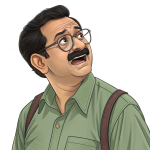 Cartoon illustration featuring Jethalal Gambhir from 'Taarak Mehta Ka Ooltah Chashmah'. Dressed in green shirt, mustache, and glasses. Expressing frustration with exaggerated facial expression.
