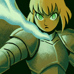 Saber from Fate/Stay Night series, blonde hair, green eyes, detailed armor, blue flame-like effect. Solo figure, dramatic pose, dark background.