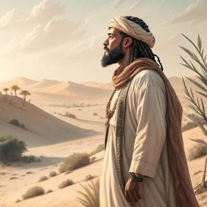 Ilkaana, a bearded man with braids, dressed in traditional Arab clothing. Standing alone in a detailed digital landscape.