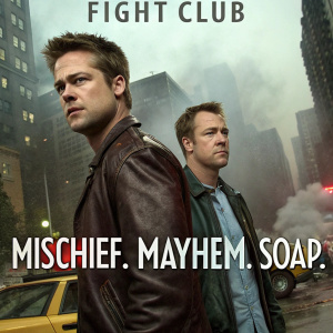 Promotional image for Fight Club. Brad Pitt and Edward Norton standing against a chaotic urban backdrop. Fight Club logo prominently displayed at the top. Text reads 'Mischief. Mayhem. Soap.'
