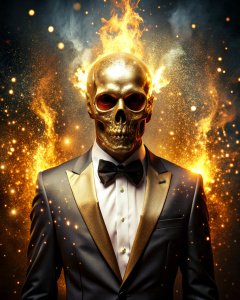 effect, photoshop action, realistic golden skull with human body in tuxedo gold on head, flames of fire, sparks, dust, explosion, effect, quality xd, micro detail sharpening,