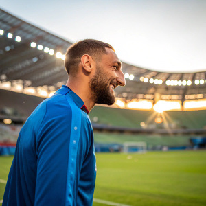 Gianluigi Donnarumma in a candid moment. No beard, blue training jersey, during a practice session in a sunny stadium.