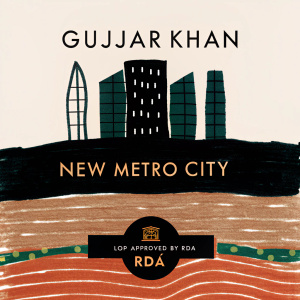 Promotional graphic for Gujjar Khan's new metro city project. Dark background, stylized cityscape, RDA logo prominently displayed, text elements 'New Metro City' and 'LOP Approved by RDA', gold accents throughout design.