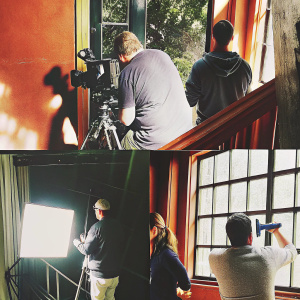 A vibrant montage showcasing the behind-the-scenes action of film and photography production. Various scenes depict a bustling crew setting up equipment, from indoor sets with warm lighting to outdoor locations bathed in natural sunlight. The cast and crew, diverse and clad in casual attire, are seen working with cameras, tripods, and intricate lighting setups, creating a dynamic atmosphere.