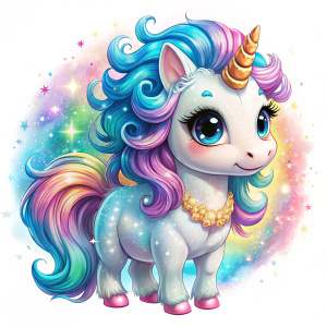 Adorable chibi-anime style unicorn pop art illustration filled with bright colors and playful charm. The unicorn's iridescent striped fur, shimmering mane and shimmering horn exude a sense of magic and enchantment. Set against a full-length white background, the unicorn's gaze invites viewers into a world of whimsy and wonder, filled with bright colors and boundless imagination.