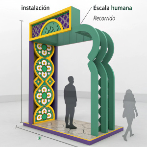 3D rendering of an intricate sculpture. Abstract design. Human scale elements. Main colors green, purple, yellow accents. Human figure silhouette for scale. Height approximately 2.80 meters. Spanish labels 'Instalación', 'Escala humana', 'Recorrido'. Created for installation.