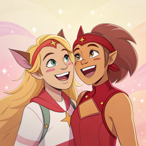 Adora and Catra, characters from the animated series She-Ra, posing happily. Soft, glowing background. Cartoonish style