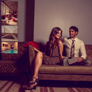 Luxury hotel Gansevoort South in Miami. Website features main image of lounge area with sleek sofas and vibrant decor. Text highlights amenities and services. Smaller photos show various hotel features.