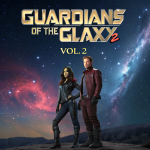 Promotional poster for Guardians of the Galaxy Vol. 2. Star-Lord and Gamora standing in front of a cosmic backdrop. Text in bold, stylized font.