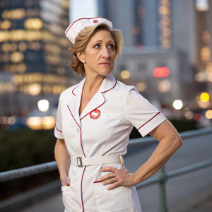 Edie Falco starring in 'Nurse Jackie' DVD cover. A close-up of Edie in her iconic nurse uniform, standing in front of a blurred cityscape.