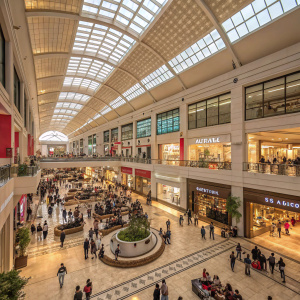 A bustling scene at the Elan Nirvana Country mall in Gurgaon. Wide open atrium filled with shops and a central gathering spot. Crowded with a diverse crowd of shoppers.
