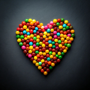 corazon formado de dulces de colores fondo negro