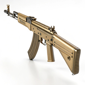 High detail 3D model of Valmet RK 62 assault rifle. Light brown metallic finish, standing against a white background