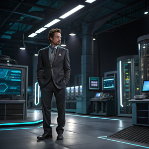 Tony Stark, dressed in sleek, modern suit, standing in front of futuristic tech lab. The lab is filled with high-tech gadgets and monitors.