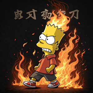 Illustration of Bart Simpson engulfed in flames, angry face, black background, kanji characters