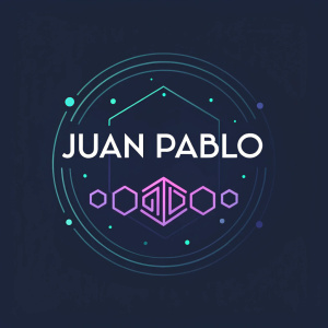 Modern logo design for Juan Pablo, a graphic designer. Dark background with geometric shapes and abstract elements. Text in modern Spanish font with purple accents. Contemporary digital graphic design.