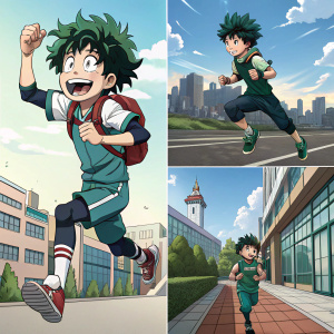 Deku, the energetic protagonist from My Hero Academia, in various dynamic poses, exuding joy and excitement across multiple scenes.