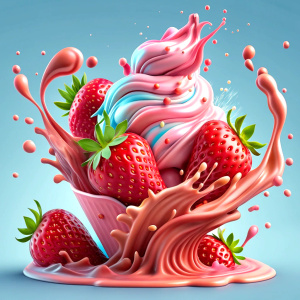 A delicate strawberry ice cream concept design. Colorful water splash around the ice cream. A refreshing concept akin with a product photoshoot

