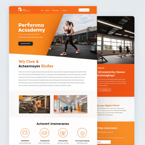 Homepage for Performa Academia. Sleek, modern design with vibrant orange and white palette. Showcase includes high-intensity workout scenes, gym equipment, and client testimonials.