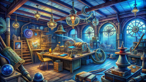 "An inventor's workshop, walls cluttered with blueprints and prototypes, a place where innovation and imagination merge."
