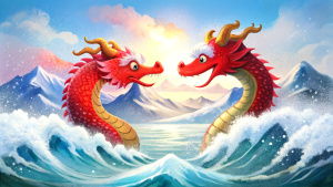 sea, Winter, background for the game, 'Chinese new year', two 'wooden dragon'