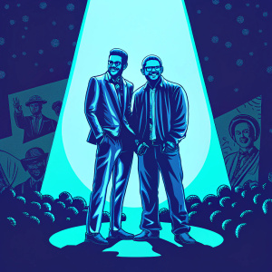 Justin Timberlake and Mark Forster posing at the 'Trolls World Tour' premiere. A bright spotlight illuminates them against a dark background adorned with promotional logos and text.