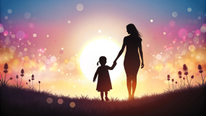 Happy mothers day silhouette mother holding child hand