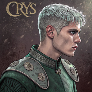 A digital artwork featuring a young man with short silver hair and a fierce expression. He is wearing a green tunic with intricate shoulder guards. The illustration has a dark, textured background and is highly detailed with a stylized aesthetic. The word 'Crys' is prominently displayed.