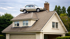 a car on a house roof