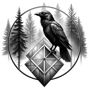 vegvisir runes geometric symbol - raven and trees - tattoo design - perfect realistic art - high-definition - grey and black - white background 