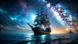 An epic 4K ultra-resolution scene of a pirate ship sailing majestically into a sea shimmering with bioluminescence, the night sky adorned with a stunning galaxy of stars, creating a breathtaking and larger-than-life composition, Digital Art, hyper-realistic rendering.

