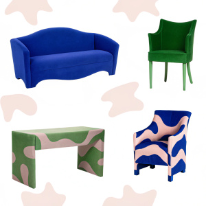 Generate several pieces of unusual furniture for the Henri Matisse designer furniture bureau in one photo