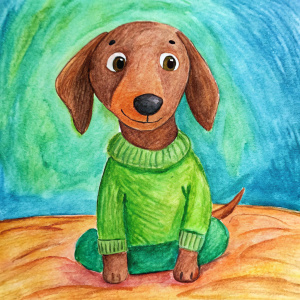 Un dibujo infantil de un perro marrón , con un jersey verde sentado en una camita verde 