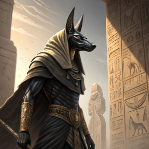 Anubis, the jackal-headed deity, depicted in a dynamic pose. Detailed ancient Egyptian hieroglyphs in the background.