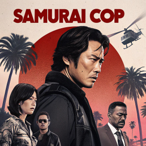 Movie poster for 'Samurai Cop'. Central figure in a serious pose, surrounded by diverse characters. Dark and bright contrasting background featuring palm trees and a hovering helicopter. Title 'Samurai Cop' at top.