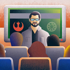 Steve Blum, an American actor with a beard and glasses, participating in a virtual panel discussion. The background is a digital setup featuring Star Wars Rebels logo and branding elements.
